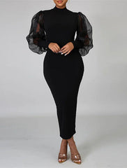 Sheath / Column Wedding Guest Dresses Elegant Dress Party Wear Semi Formal Tea Length Long Sleeve High Neck Stretch Chiffon with Pure Color
