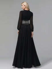 A-Line Evening Dress Celebrity Red Carpet Formal Gown Party Dress Black Tie Wedding Guest Floor Length Long Sleeve V Neck Chiffon with Sequin