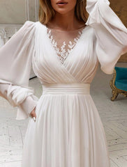 Wholesale Bridal Shower Little White Dresses Wedding Dresses A-Line Scoop Neck Long Sleeve Sweep / Brush Train Chiffon Bridal Gowns With Pleats Appliques