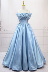 Blue Satin Long A-Line Prom Dress, Blue Spaghetti Strap Evening Party  Dress