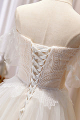 Champagne Floor Length Lace Long Prom Dress, Off the Shoulder Evening Dress