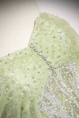 Green Tulle Sequins Long Prom Dress, Beautiful Off the Shoulder Party Dress
