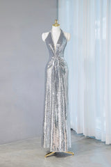 Silver Sequins Long Prom Dress, Shiny V-Neck Evening Party Dress
