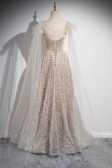 Champagne Tulle Sequins Long Prom Dress, Shiny A-Line Party Dress