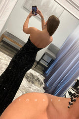 P1771 - Off Shoulder Scoop Full Sequins Side Split Mermaid Sleeveless Party Evening Prom Dress