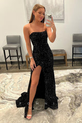 P1771 - Off Shoulder Scoop Full Sequins Side Split Mermaid Sleeveless Party Evening Prom Dress