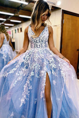 P1248 - Double Straps A-Line Lace Appliques Side Split Prom Formal Dress with Pockets