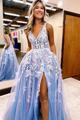 P1248 - Double Straps A-Line Lace Appliques Side Split Prom Formal Dress with Pockets