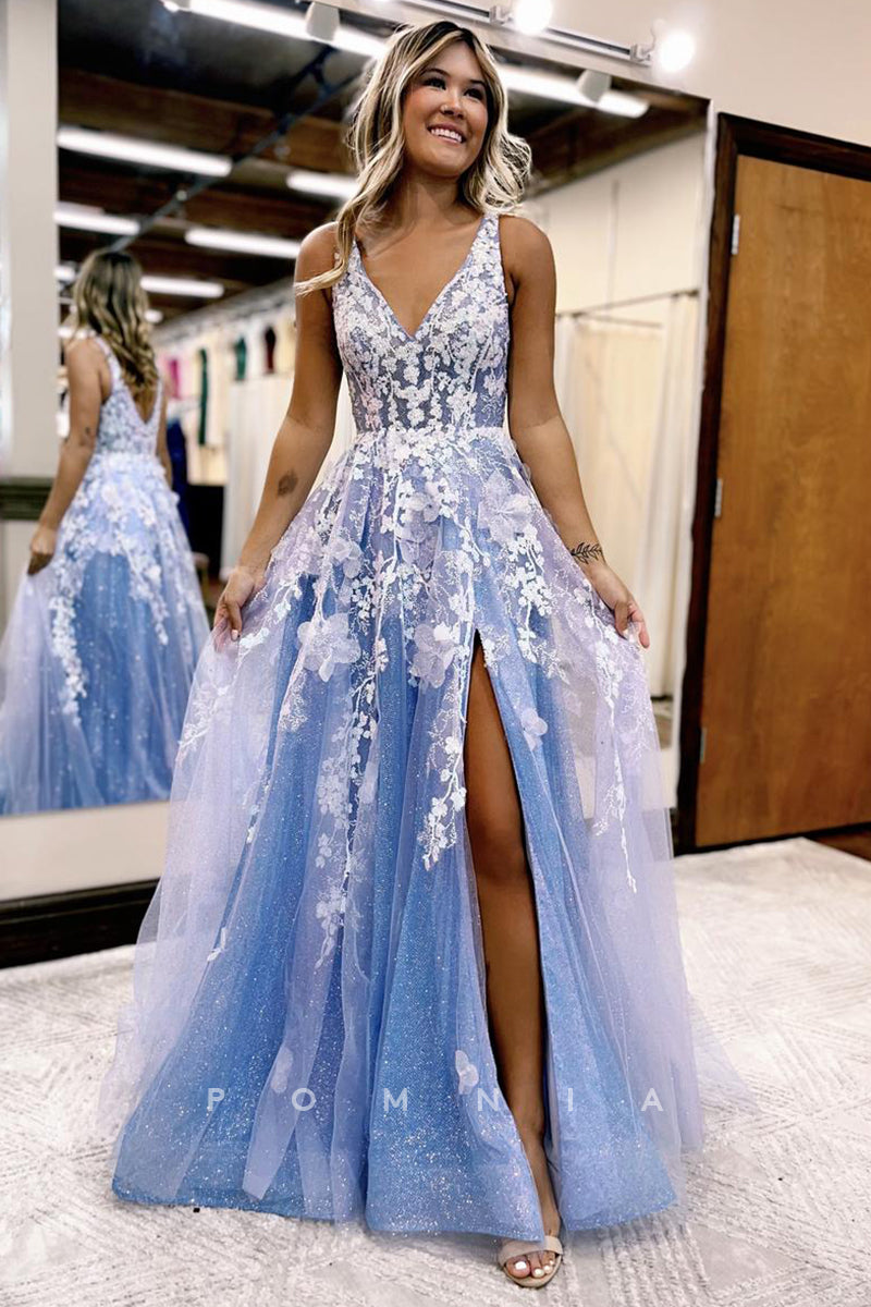 P1248 - Double Straps A-Line Lace Appliques Side Split Prom Formal Dress with Pockets