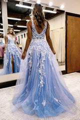 P1248 - Double Straps A-Line Lace Appliques Side Split Prom Formal Dress with Pockets