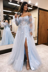 P1249 - Strapless Scoop A-Line Appliques Split Prom Party Dress with Sleeves