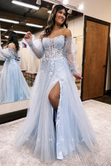 P1249 - Strapless Scoop A-Line Appliques Split Prom Party Dress with Sleeves