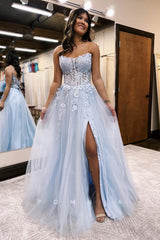 P1249 - Strapless Scoop A-Line Appliques Split Prom Party Dress with Sleeves