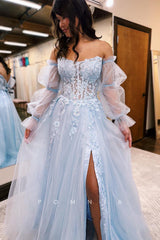 P1249 - Strapless Scoop A-Line Appliques Split Prom Party Dress with Sleeves