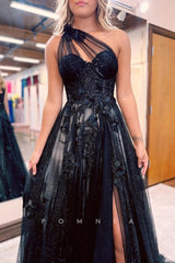 P1295 - One Shoulder A-Line Appliques Side Slit Tulle Prom Party Formal Dress