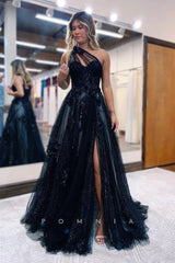 P1295 - One Shoulder A-Line Appliques Side Slit Tulle Prom Party Formal Dress