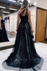 P1295 - One Shoulder A-Line Appliques Side Slit Tulle Prom Party Formal Dress