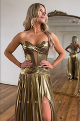 P1702 - Strapless Sleeveless A-Line Side Split Pleated Glitter Long Prom Party Evening Dress