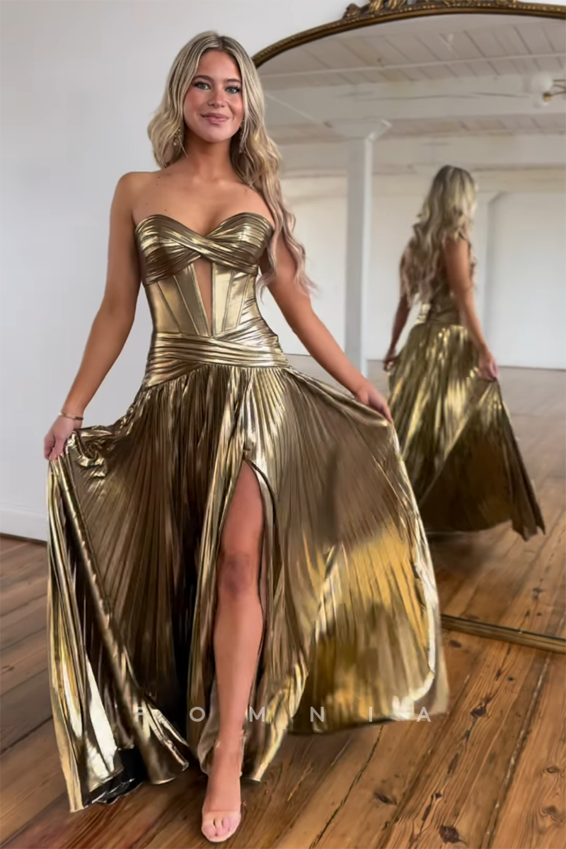 P1702 - Strapless Sleeveless A-Line Side Split Pleated Glitter Long Prom Party Evening Dress