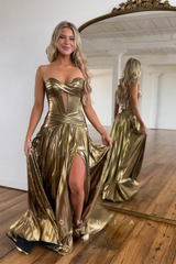 P1702 - Strapless Sleeveless A-Line Side Split Pleated Glitter Long Prom Party Evening Dress