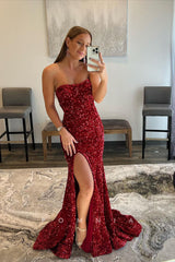 P1771 - Off Shoulder Scoop Full Sequins Side Split Mermaid Sleeveless Party Evening Prom Dress