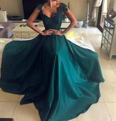 A Line V Neck Dark Green Lace Prom Dresses, Dark Green Formal Dresses, Graduation Dresses