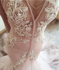 Sheer V-neckline Mermaid Wedding Dress with Tulle Train