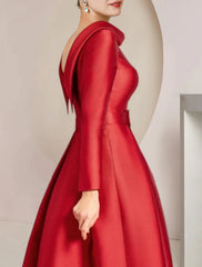 A-Line Mother of the Bride Dress Wedding Guest Party Elegant High Low Scoop Neck Asymmetrical Knee Length Satin Long Sleeve with Crystal Brooch