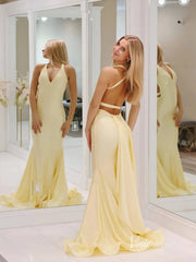 Pale Yellow Mermaid Satin Prom Dresses with Tail V-Neck Evening Dress FD2664