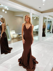 Pale Yellow Mermaid Satin Prom Dresses with Tail V-Neck Evening Dress FD2664