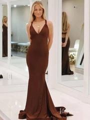 Pale Yellow Mermaid Satin Prom Dresses with Tail V-Neck Evening Dress FD2664