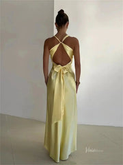 Pastel Yellow Satin Prom Dresses V-neck Evening Dress Open Back FD6001