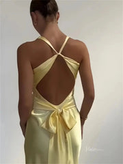 Pastel Yellow Satin Prom Dresses V-neck Evening Dress Open Back FD6001