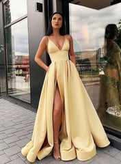 A Line Satin V Neck Burgundy 2024 Prom Dresses Spaghetti Straps