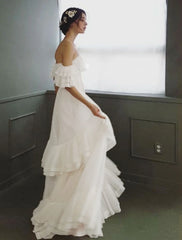 Beach Wedding Dresses A-Line Off Shoulder Cap Sleeve Sweep / Brush Train Tulle Bridal Gowns With Ruffles