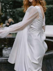 Wholesale Beach Little White Dresses Wedding Dresses A-Line Boat Neck Long Sleeve Floor Length Satin Bridal Gowns With Pleats Solid Color