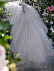Aimishang Engagement Sparkle & Shine Formal Wedding Dresses Ball Gown Off Shoulder Cap Sleeve Chapel Train Sequined Bridal Gowns With Solid Color