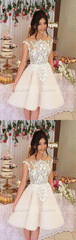 Appliques Tulle Party Dress, Sheer Back Short Homecoming Dress, Elegant Prom Dress