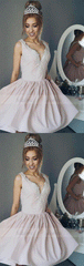 A-Line V-Neck Ruched Short Pearl Pink Satin Homecoming Dress with Beading