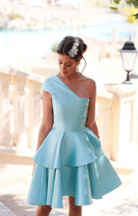 Short Homecoming Dress, A-line One Shoulder Satin Lace Prom Dress