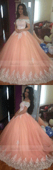 Elegant Lace Off The Shoulder Tulle Ball Gowns Quinceanera Dresses Coral Wedding Dress