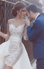 Mermaid White Lace Sweep Train Long Wedding Dress