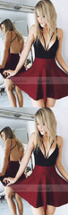 v neck short prom dress, burgundy homecoming dress