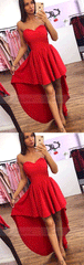 A-Line Sweetheart High-Low Red Satin Homecoming Dress with Pleats