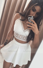 Two Piece Spaghetti Straps Short White Homecoming Dress with Lace