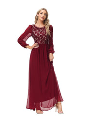 A-Line Evening Gown Empire Dress Party Wear Wedding Guest Floor Length Long Sleeve Jewel Neck Chiffon V Back with Sequin Splicing