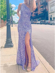 Sexy Prom Dresses Sparkle & Shine High Split Formal Evening Dress Mermaid One Shoulder Sleeveless Sweep / Brush Train Sequined with Sequin