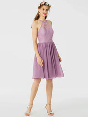 DingjiA-Line / Princess Halter Neck Knee Length Chiffon / Corded Lace Bridesmaid Dress with Sash / Ribbon / Pleats