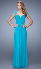 Beaded Cap-Sleeve Long Prom Dress by La Femme