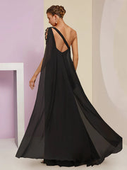 A-Line Mother of the Bride Dress Wedding Guest Vintage Elegant One Shoulder Floor Length Tea Length Chiffon Sleeveless with Sash / Ribbon